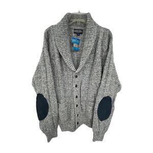 Vintage Land’s End Cardigan Sweater Elbow Patch Shawl Collar Blue Wool Large